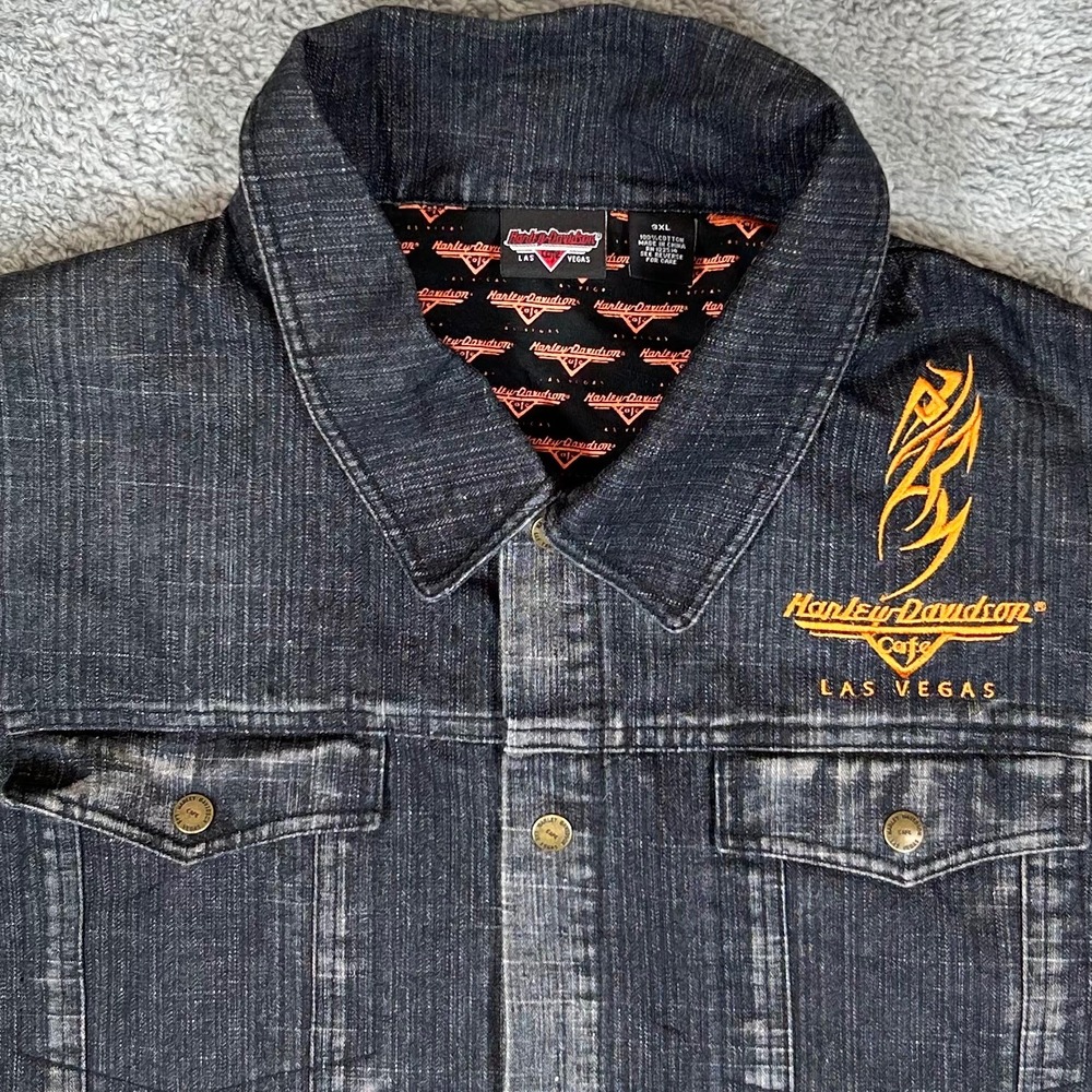 VTG Harley Davidson Cafe Las Vegas Denim Vest Eagle Embroidered Black Mens 3XL